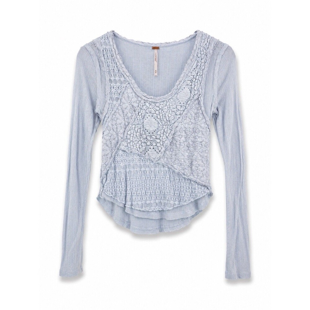 Free People Light Blue Lace Layered Long Sleeve Top Size M Boho